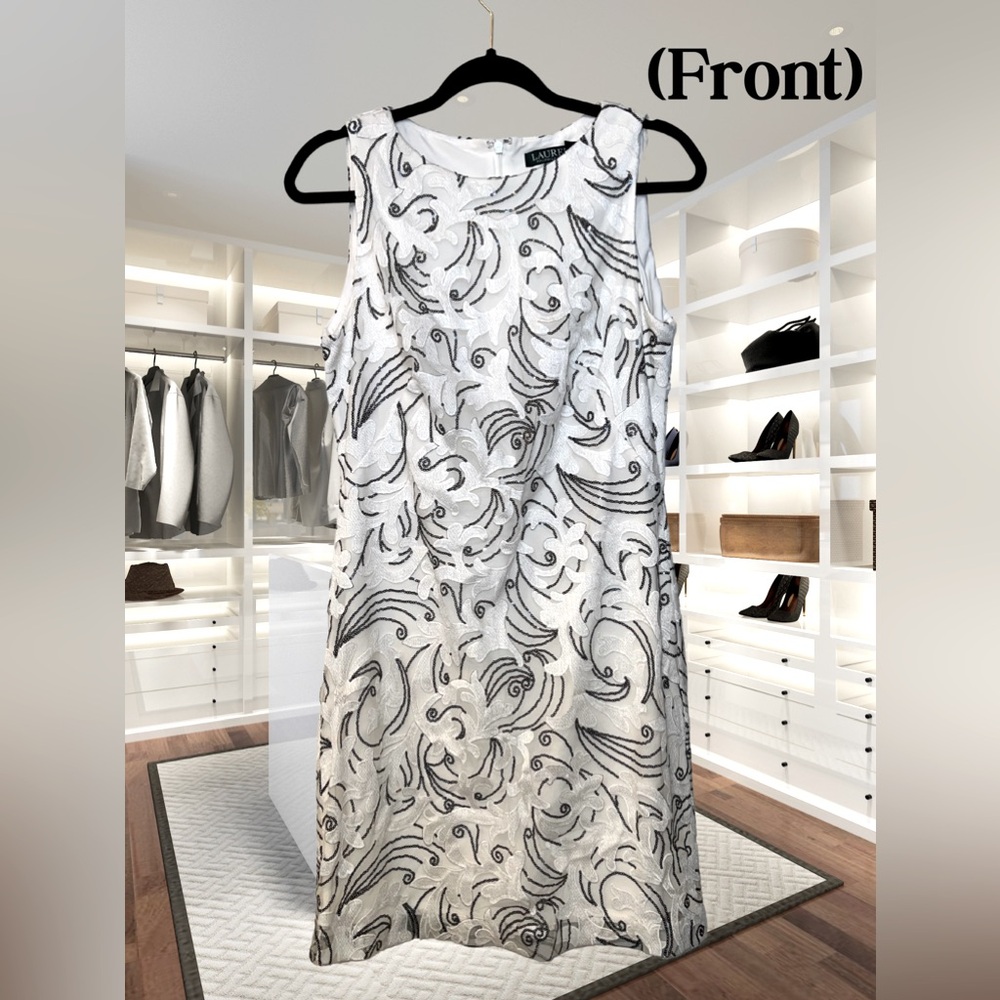 LAUREN Ralph Lauren Paris White Floral Sequin Sleeveless Shift Dress, Size 10